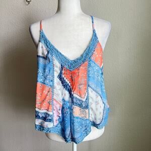 Miss Me Blue Lace Paisley Bandana Handkerchief Tank Top Women's M Boho Western